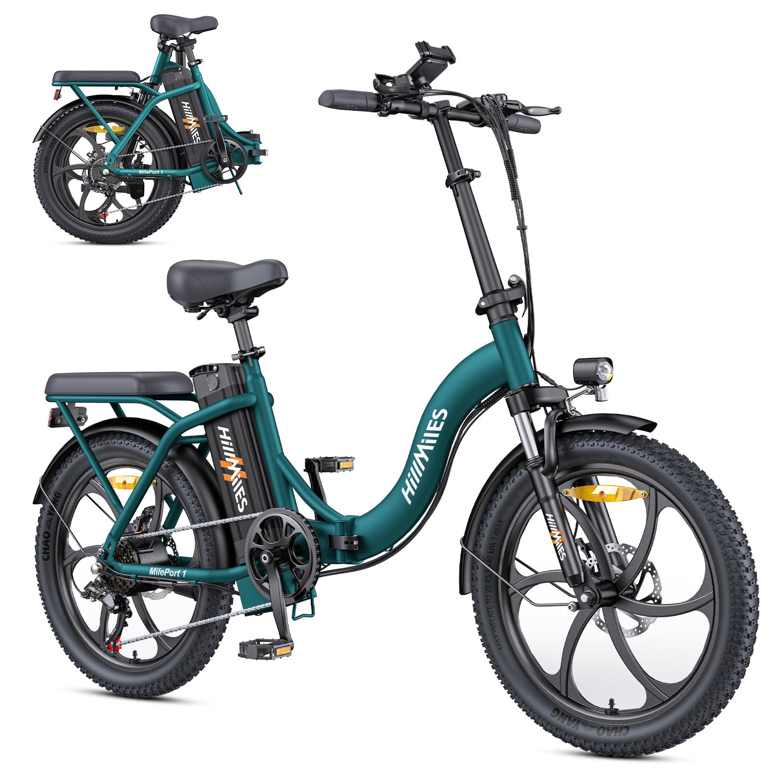 711ISiYAefL HillMiles MilePort 1 Bicicleta Eléctrica Plegable Fatbike 20" Verde – 250W, 36V 13Ah, 100km, Doble Suspensión, 7V - Imagen 1