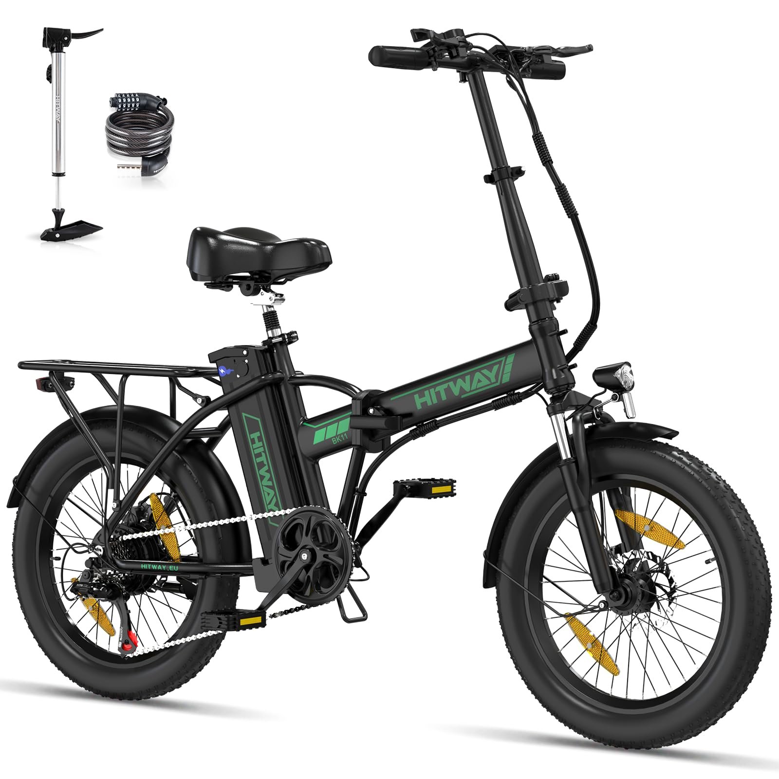 71PEND5kukL HITWAY BK11 Bicicleta Eléctrica Plegable Fatbike 20" – 250W, 36V 12Ah, 90km, Doble Suspensión, 7 Velocidades, Negro Verde - Imagen 1
