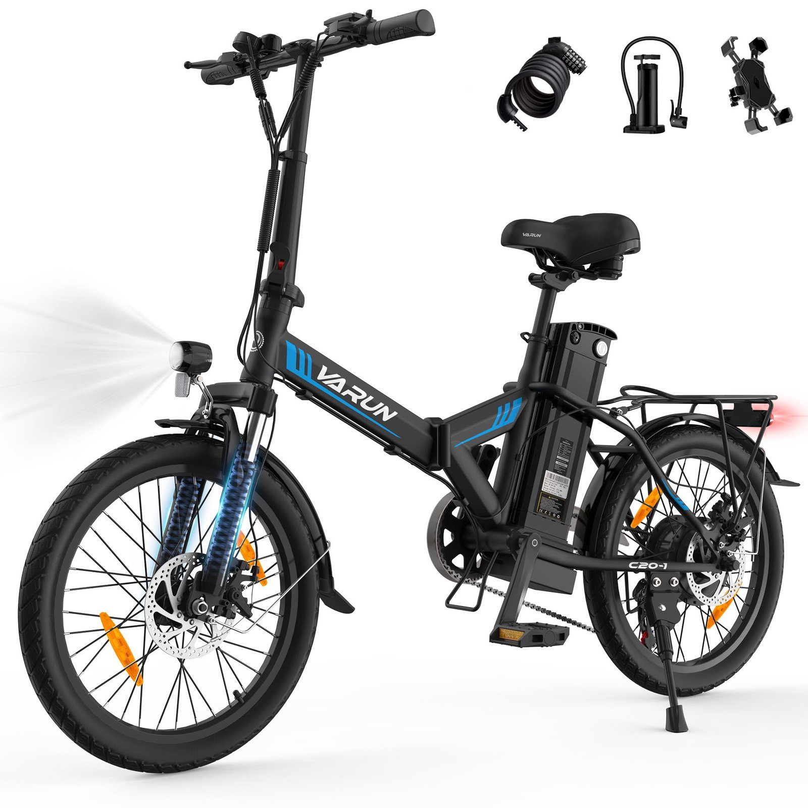 81xgpb6DlML VARUN Bicicleta Eléctrica Plegable 20" – 250W, 48V 374Wh, 70km Autonomía, Pantalla LCD, 7 Velocidades, Negro - Imagen 1